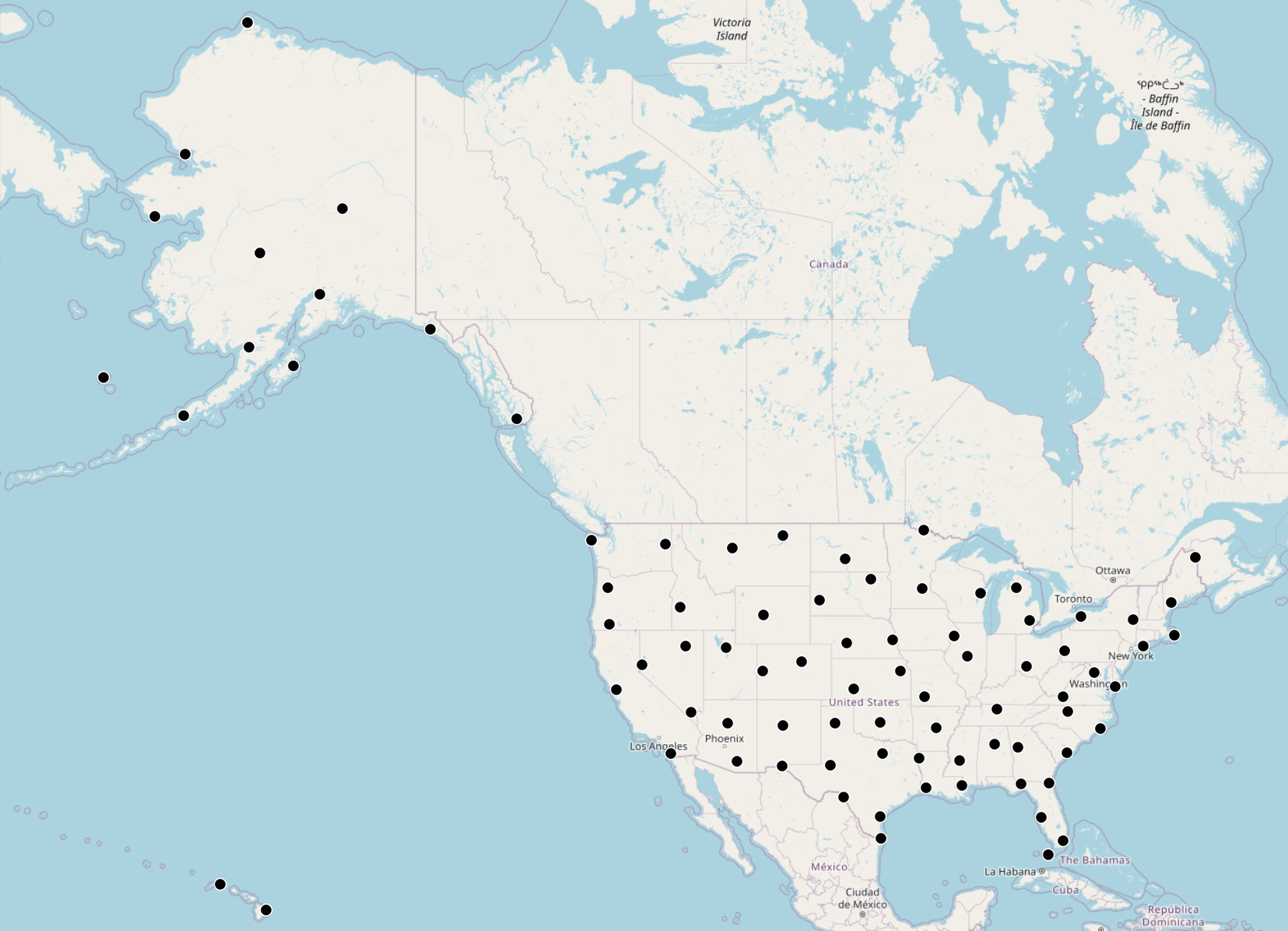 Map of all black dots showing the location of NWS Upper Air Sites.