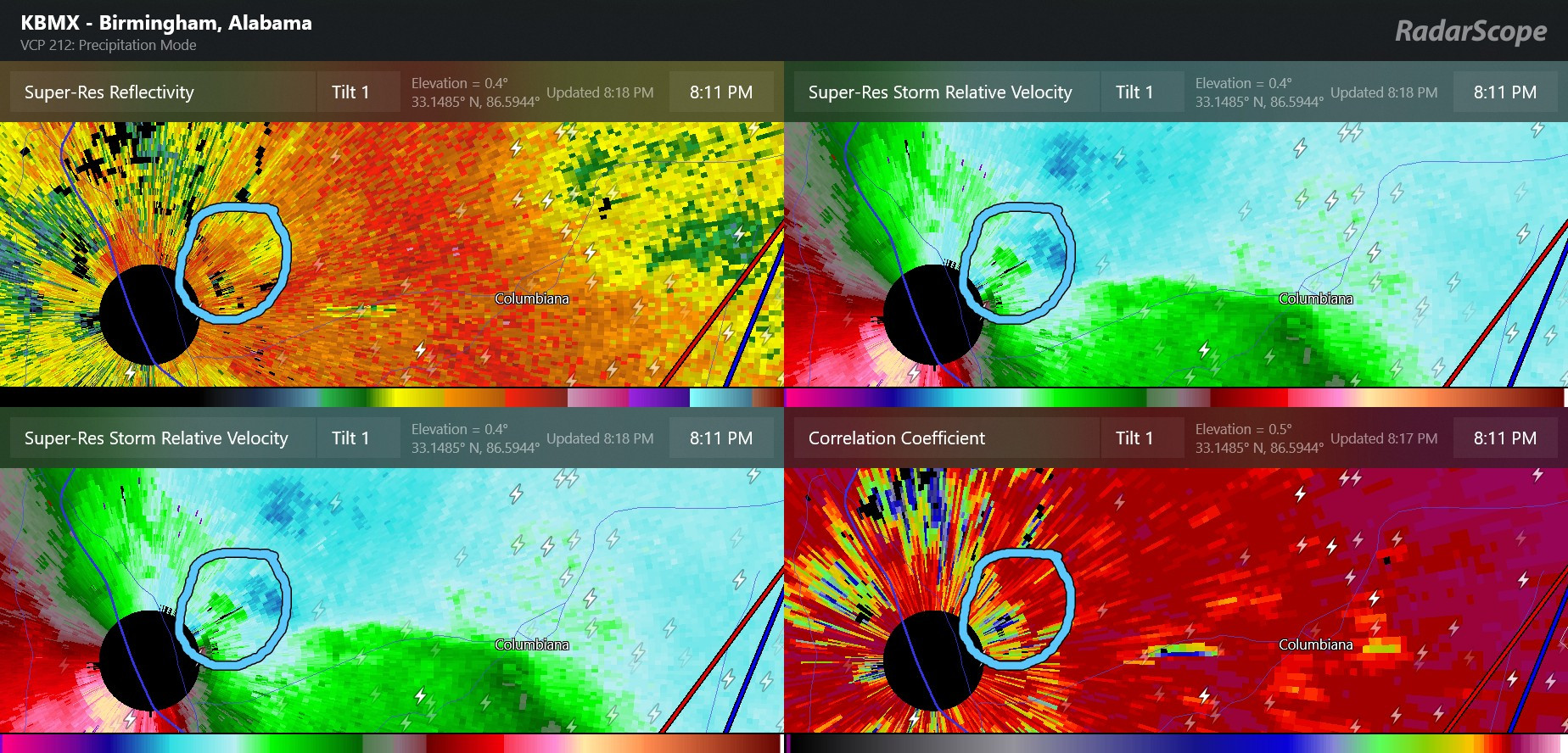 4 panel Birmingham radar data with location of tornado circled