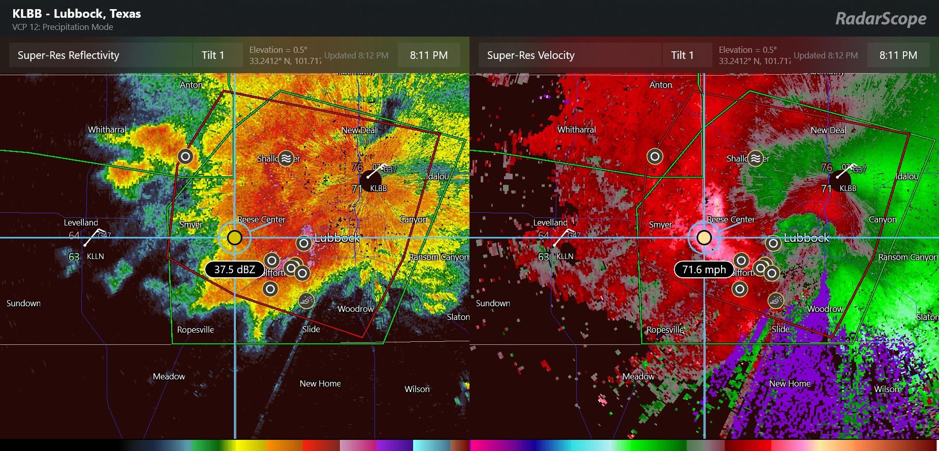 Base reflectivity and velocity data from Lubbock, TX Doppler radar