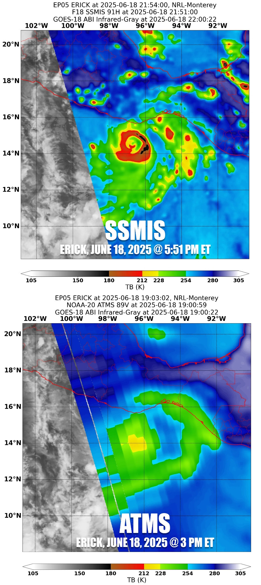 Comparison of microwave imagery for Hurricane Erick last Wednesday, June 18th, from the Department of Defense Special Sensor Microwave Imager Sounder or SSMIS (top) and NOAA Advanced Technology Microwave Sounder or ATMS (bottom). SSMIS gives a strikingly detailed look of Erick's inner core, including its inner relic eyewall and outer eyewall. Because the ATMS scan degrades prominently on the edge of its swath, the ATMS shows only a collection of pixelated colors not useful for positioning the storm or estimating intensity.